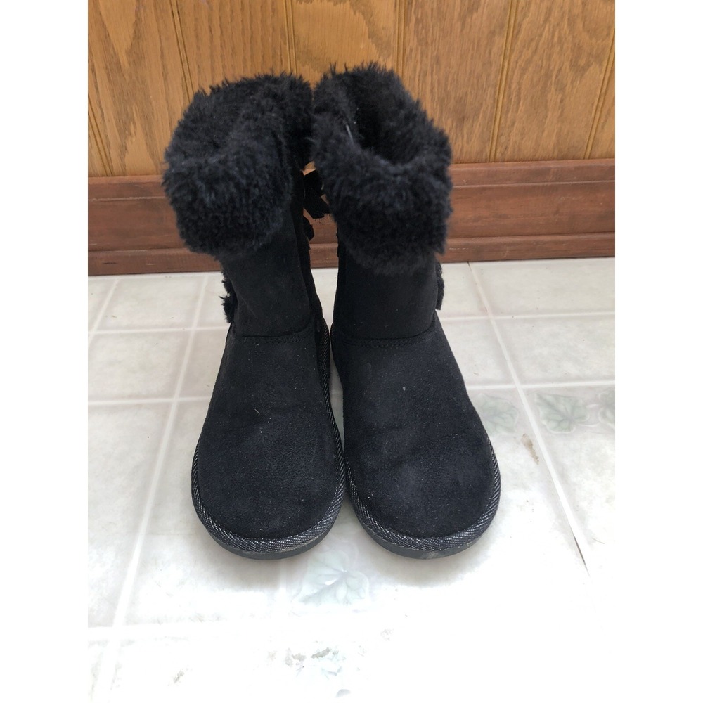 Kohl's SO Little Girl's Black Boots Sz 11 Faux Suede Bows Side Zip Furry Tops